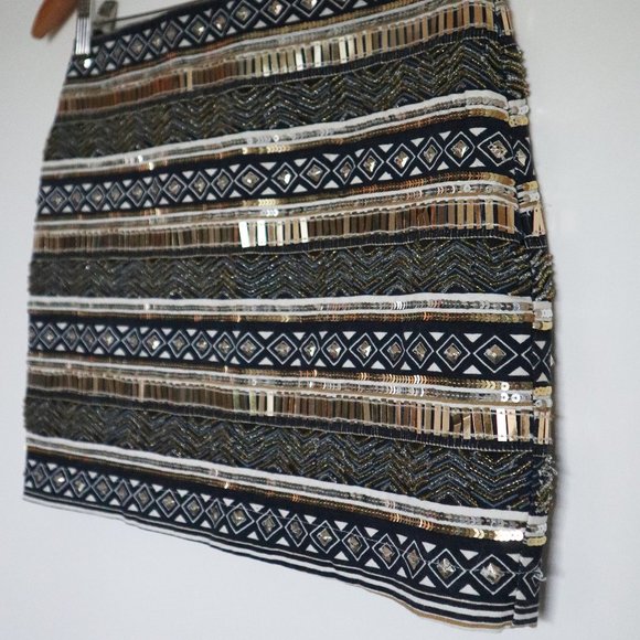 Navy, White, and Gold Sequined and Beaded Striped Mini Skirt - Picture 2 of 10